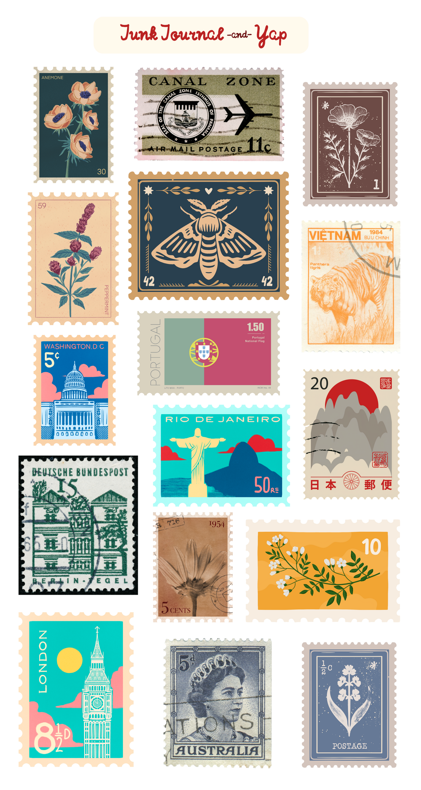 Postmarked Around the World Stamp Sticker Sheet